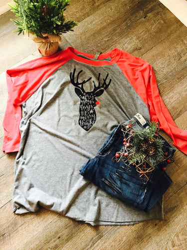May your days be merry and bright Reindeer raglan gray and red. Christmas! - Mavictoria Designs Hot Press Express