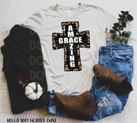 Amazing Grace leopard print cross custom tee women’s graphic tee - Mavictoria Designs Hot Press Express