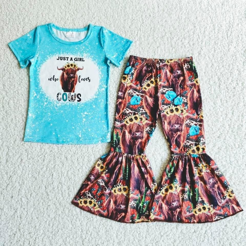 Preorder Teal Bleached Just A Girl Who Loves Cows Tee. Sunflower Cow Bells Set - Mavictoria Designs Hot Press Express