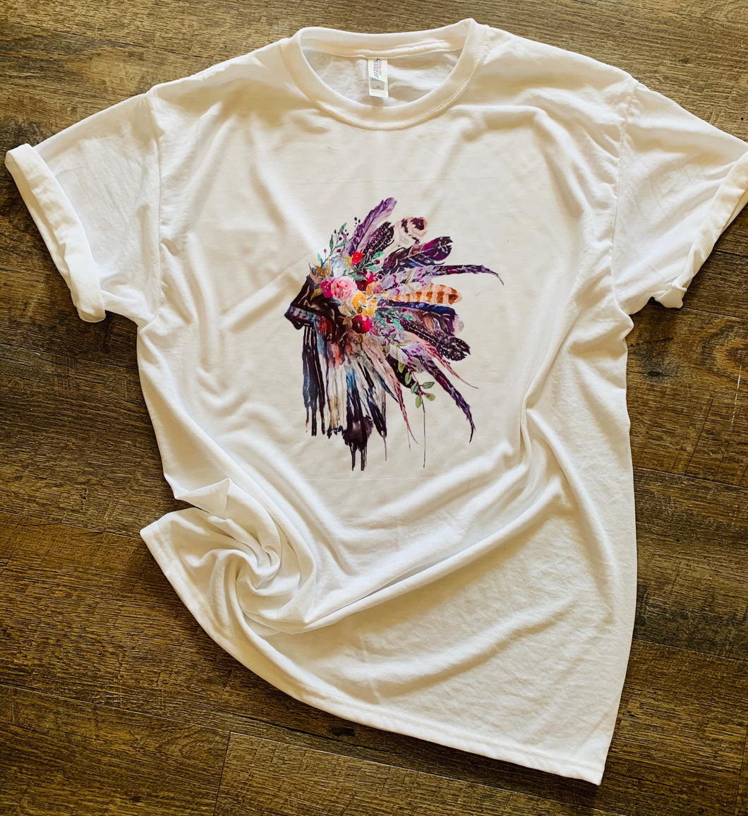 Colorful watercolor headdress print graphic tee - Mavictoria Designs Hot Press Express