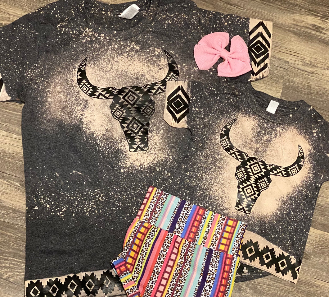 KIDS Aztec Bull Skull with tribal trim. Charcoal bleached graphic onesie or tee. - Mavictoria Designs Hot Press Express
