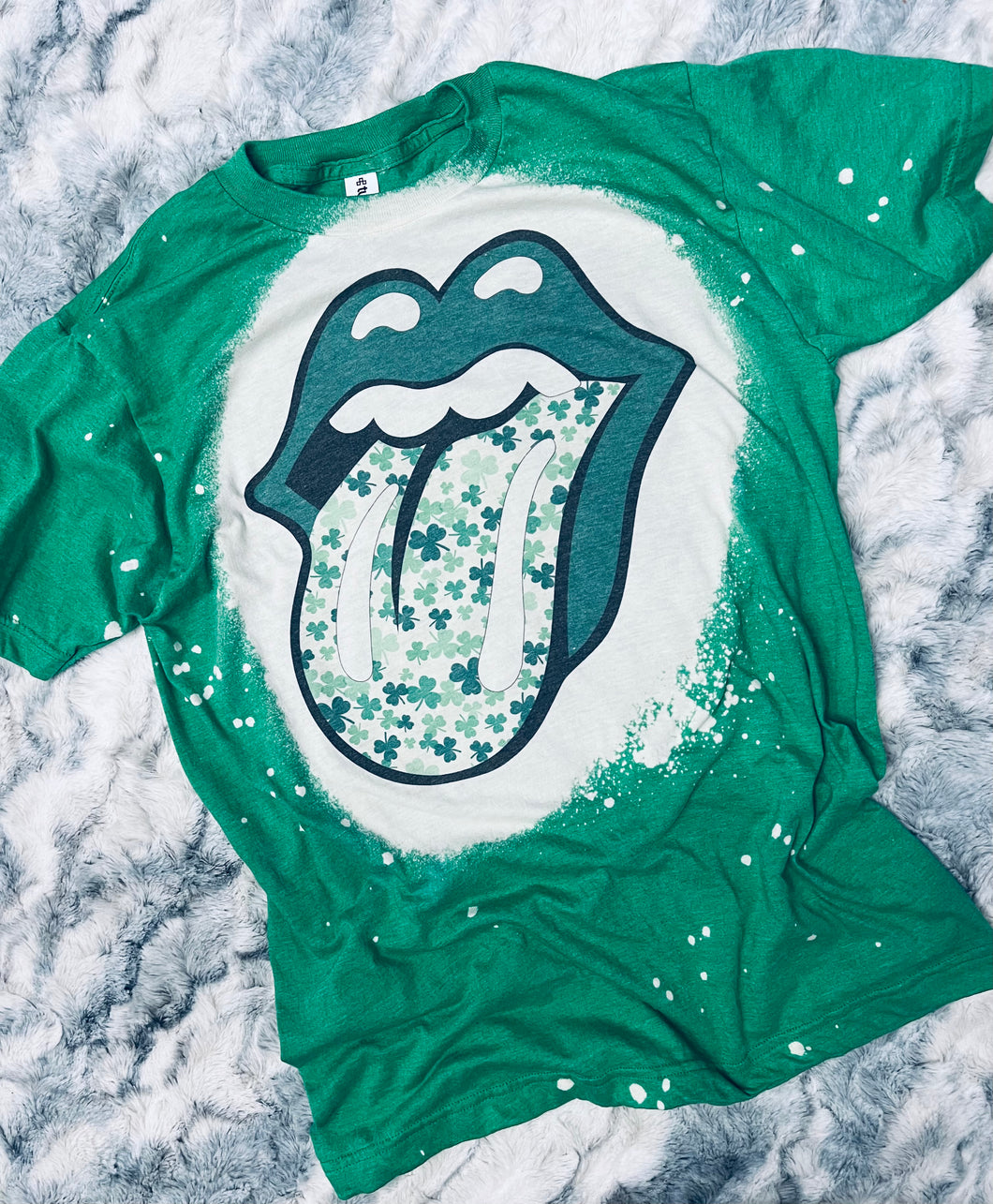 Green Lips Shamrock Tongue. St pattys day. bleached graphic tee long sleeve crew or hoodie - Mavictoria Designs Hot Press Express