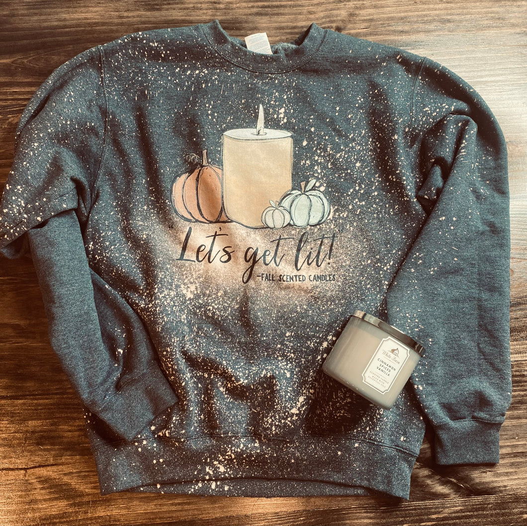 Let’s Get Lit (fall scented candles) charcoal bleached crew neck sweatshirt - Mavictoria Designs Hot Press Express