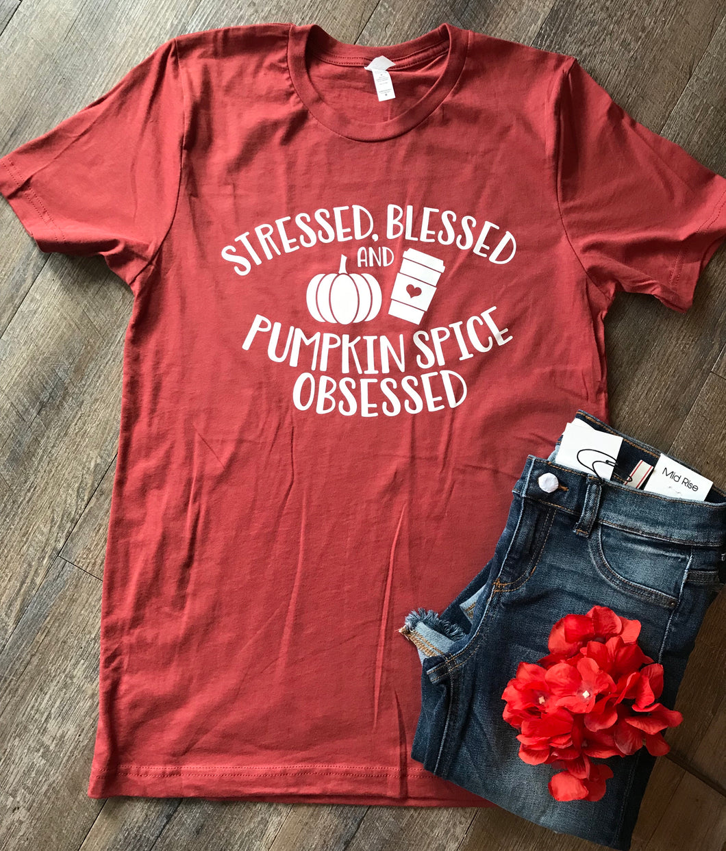 Stressed blessed pumpkin spice obsessed graphic tee for fall unisex fit rust color - Mavictoria Designs Hot Press Express