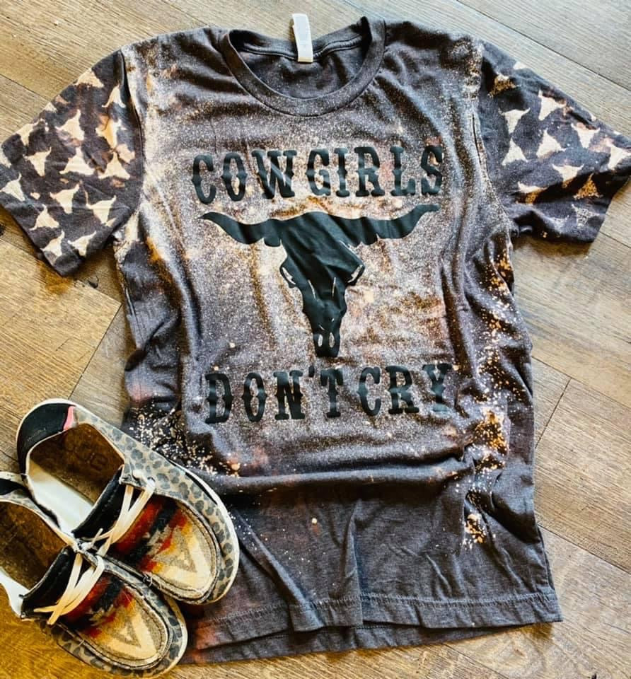 Charcoal bleached cowgirls don’t cry with bull skull sleeves graphic tee - Mavictoria Designs Hot Press Express