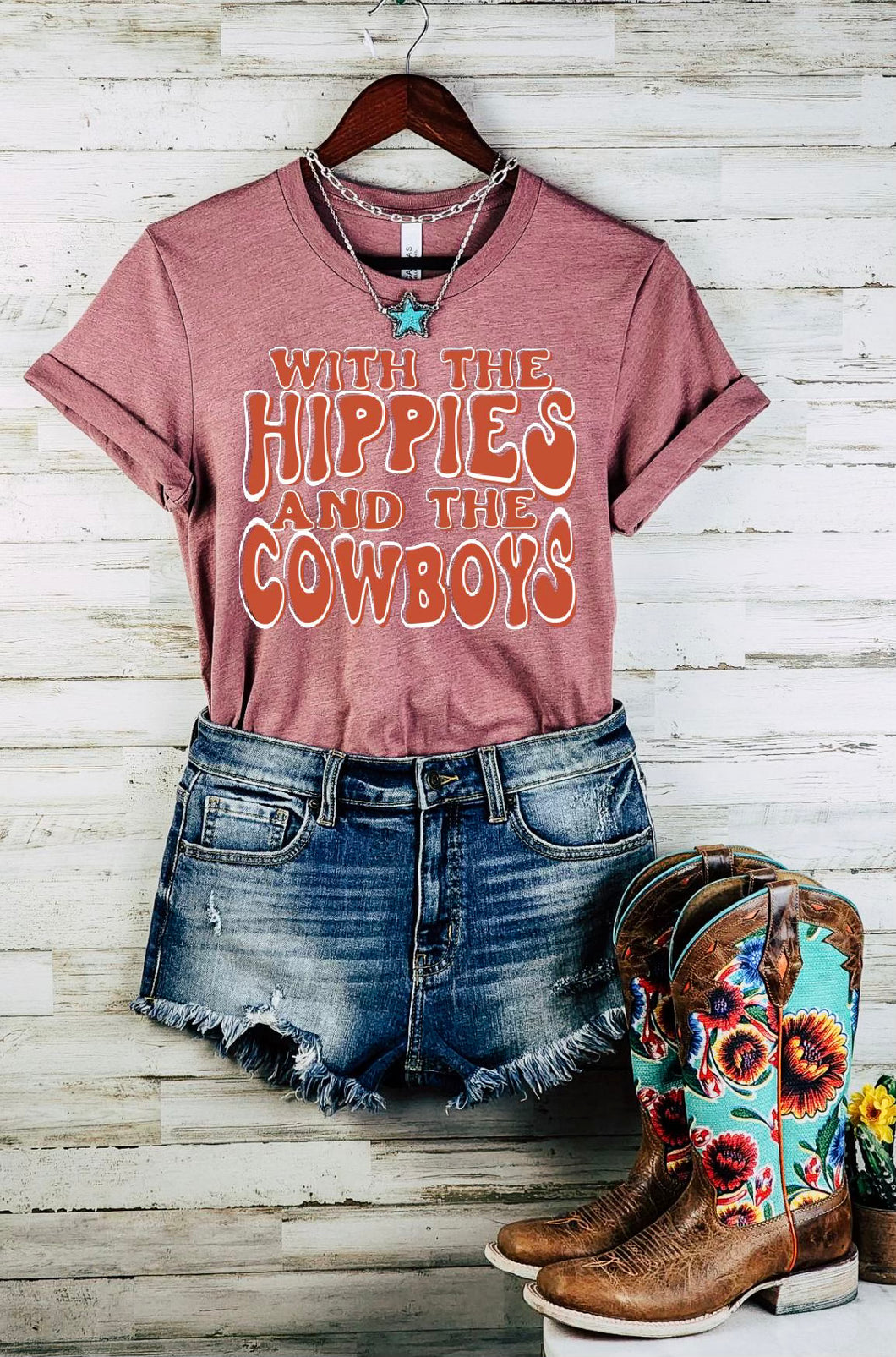 With the hippies and the cowboys women’s graphic tee - Mavictoria Designs Hot Press Express