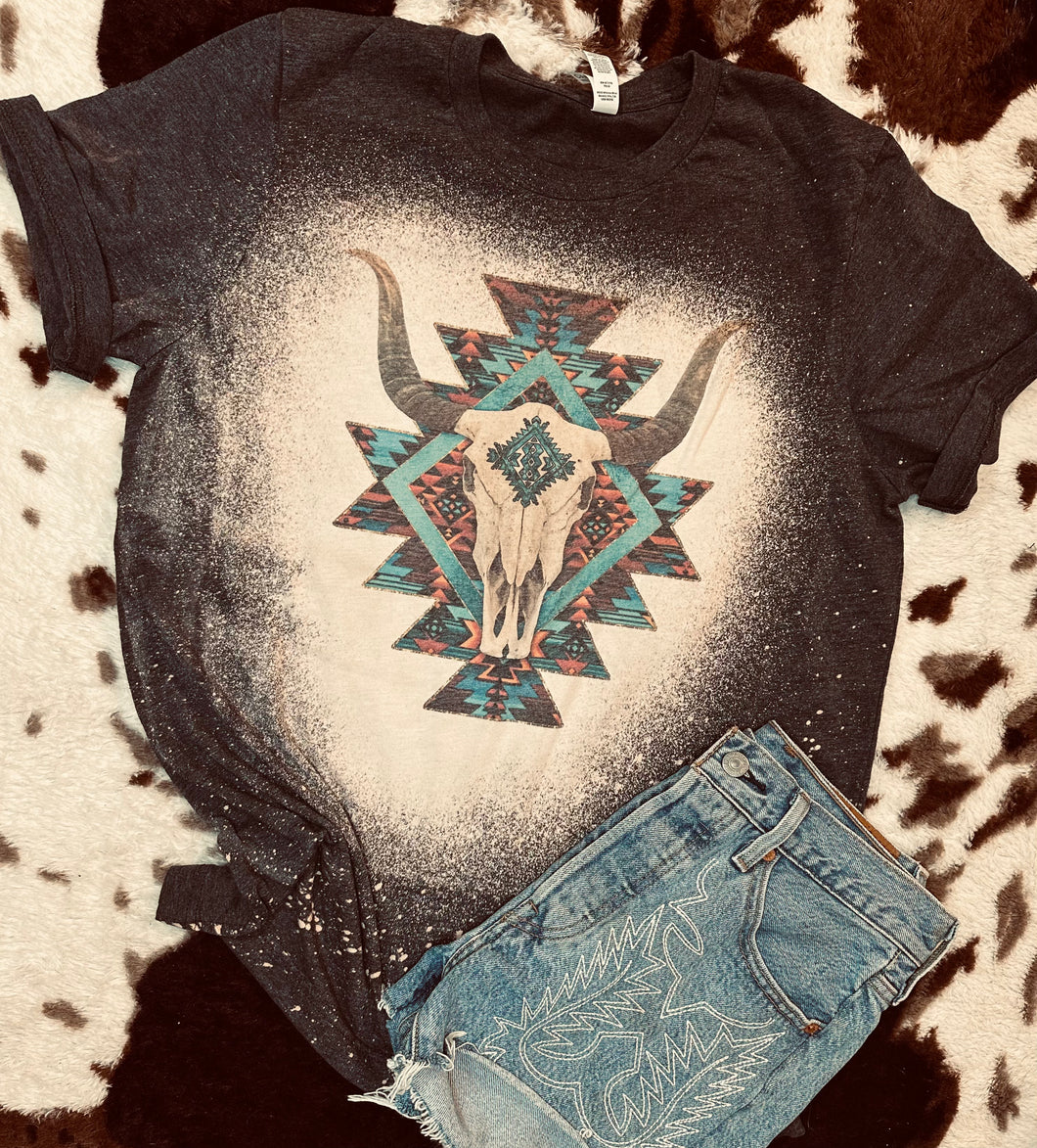 Western bull head skull bleached graphic tee - Mavictoria Designs Hot Press Express