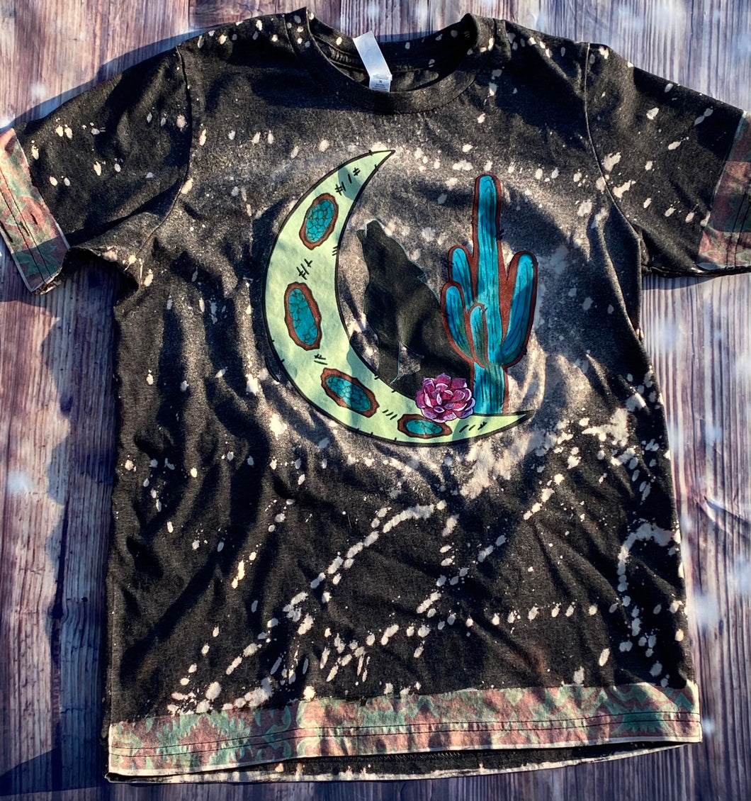 Turquoise Moon Howling Coyote Cactus with Tooled Leather Trim. Charcoal bleached graphic onesie or tee. - Mavictoria Designs Hot Press Express