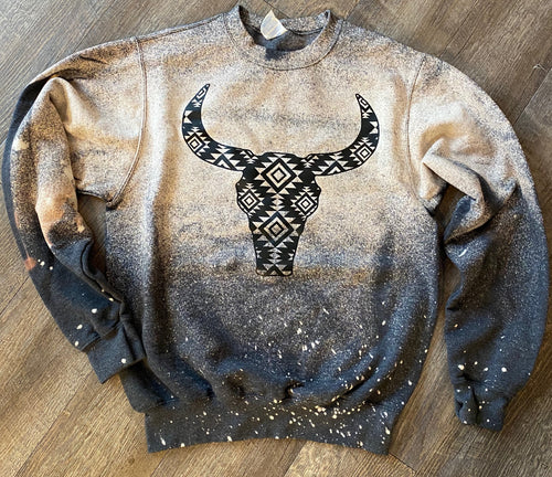 Charcoal Bleached Aztec Bull Skull Crew Sweatshirt / graphic Crew - Mavictoria Designs Hot Press Express