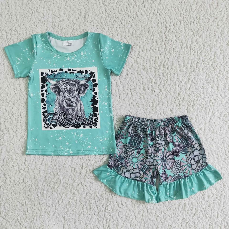 Preorder Teal Bleached Herd It All Hairy Cow Tee With Gray Design Teal Ruffle Shorts Set - Mavictoria Designs Hot Press Express