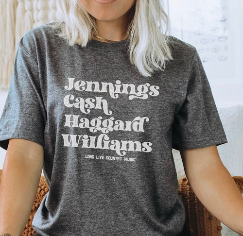 Jennings Cash Haggard Williams long live country music women’s graphic tee - Mavictoria Designs Hot Press Express
