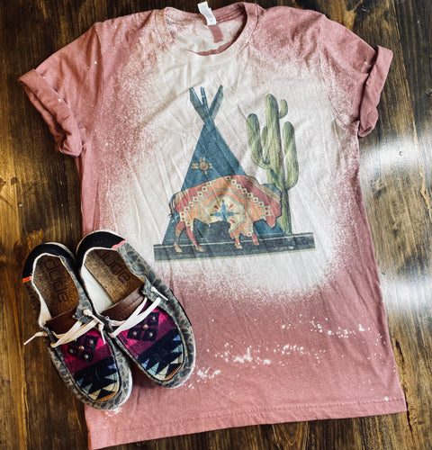 Teepee, Buffalo, Cactus on mauve bleached tee - Mavictoria Designs Hot Press Express