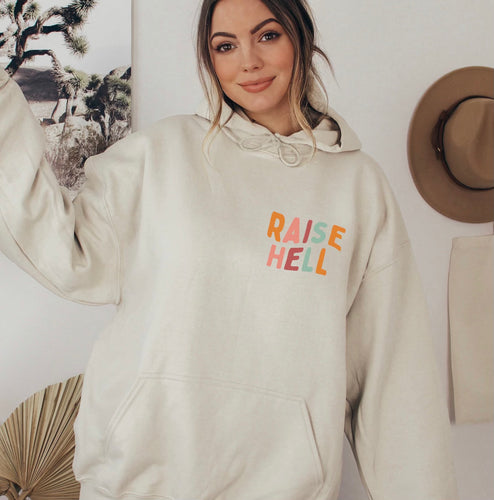 Raise Hell front and back graphics women’s crewneck - Mavictoria Designs Hot Press Express