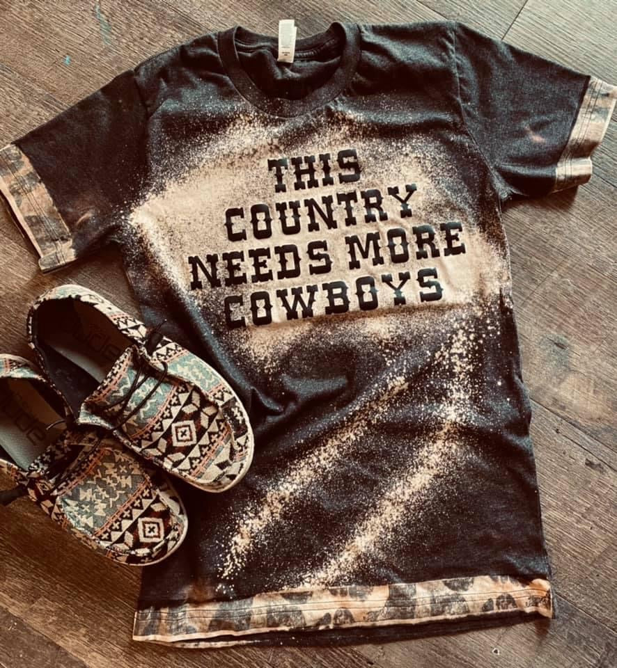 Charcoal bleached this country needs more cowboys either leopard trim graphic tee - Mavictoria Designs Hot Press Express