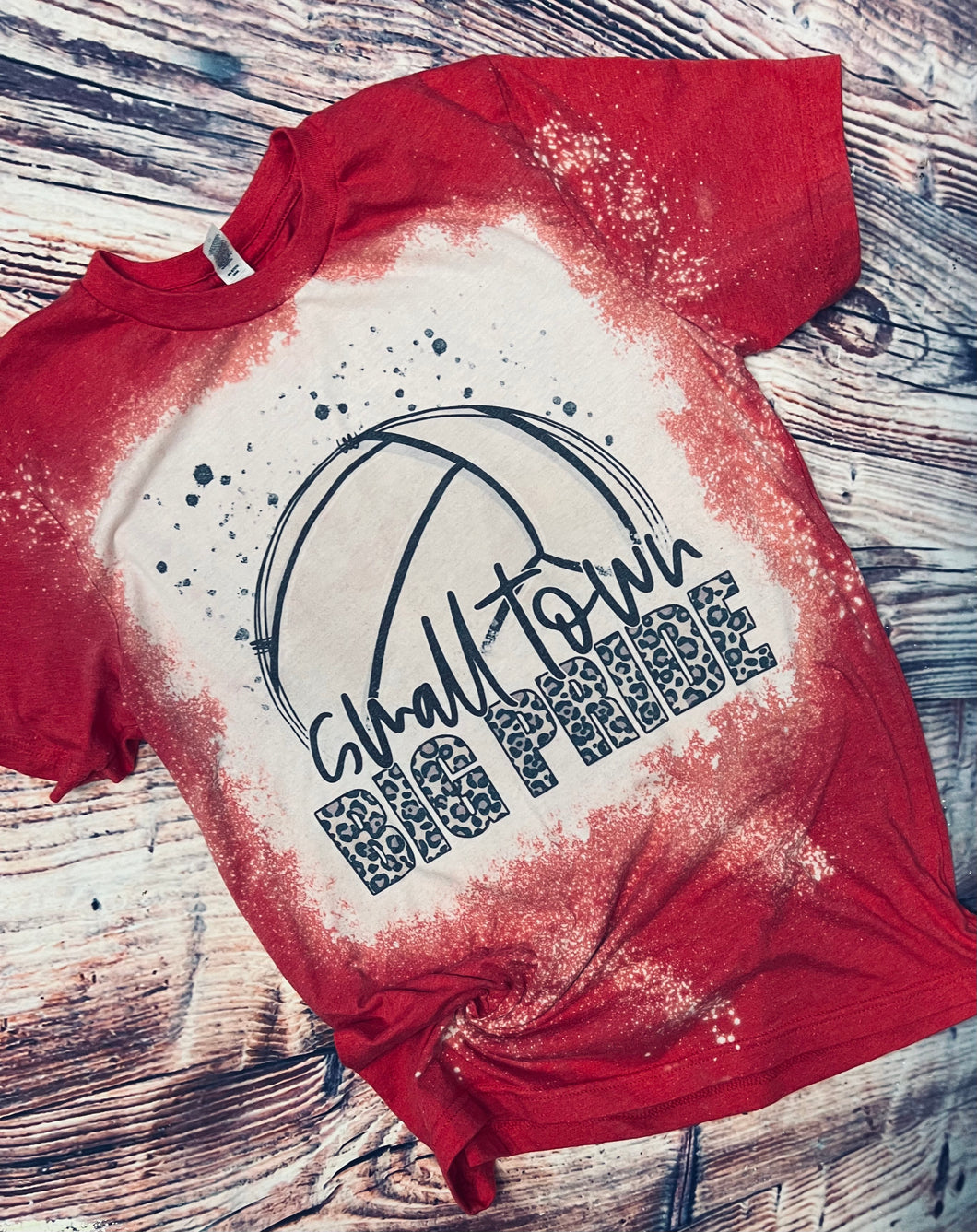 Small Town Big Pride Volleyball graphic red bleached tee. Sports. - Mavictoria Designs Hot Press Express
