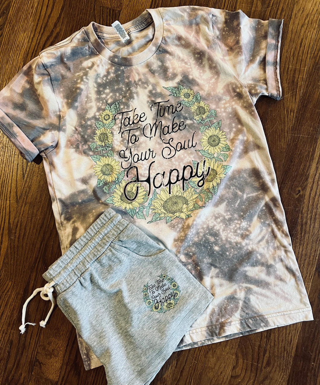 Take time to make your soul happy graphic bleached tee and shorts - Mavictoria Designs Hot Press Express