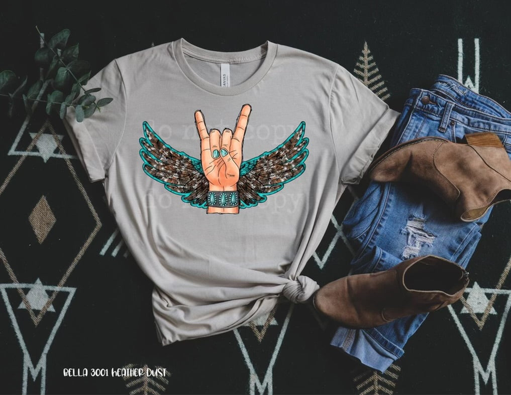 Rock Out, turquoise, eagle wings Graphic tee, long sleeve, crew, or hoodie - Mavictoria Designs Hot Press Express