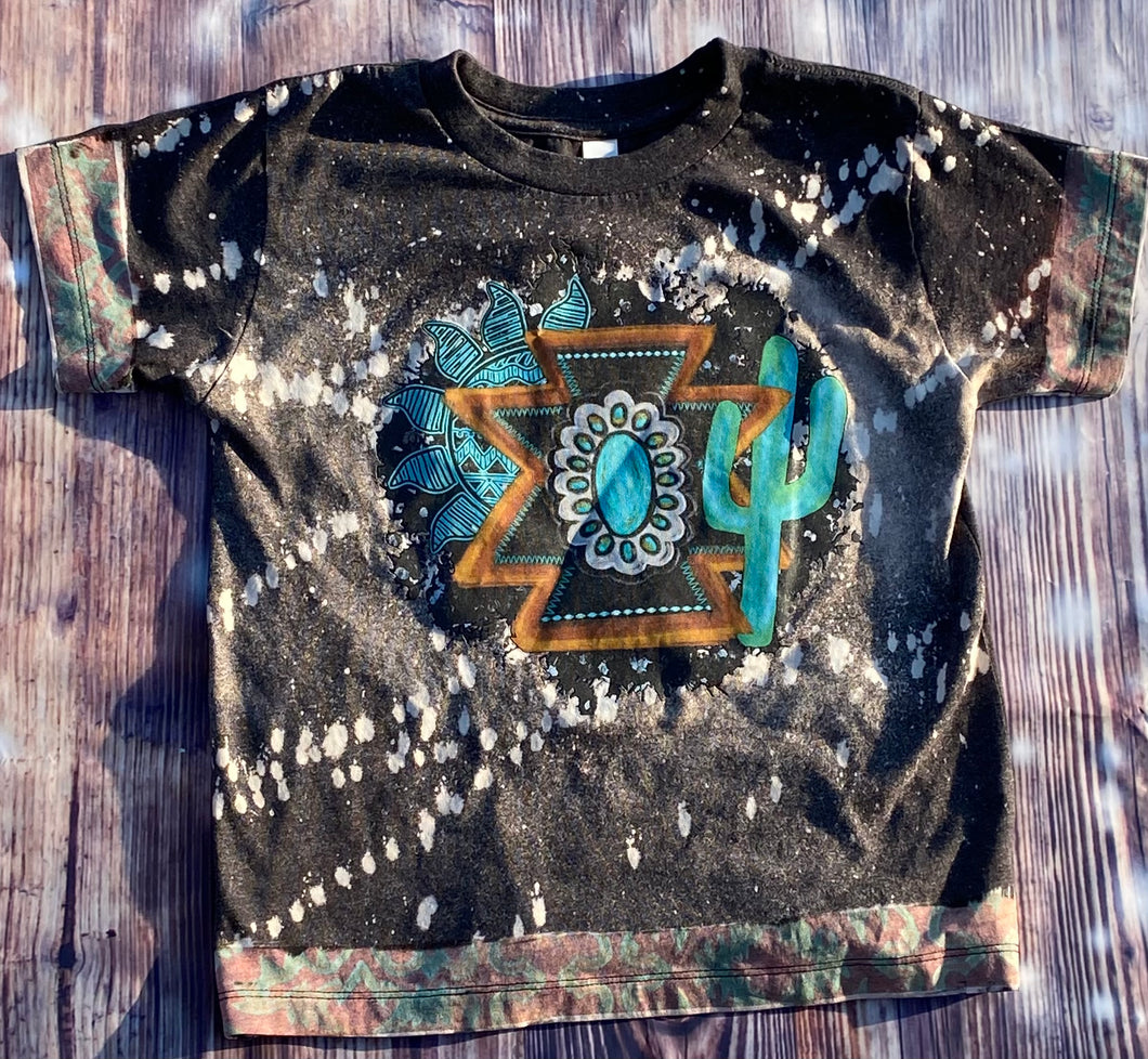 Turquoise Sun Aztec Stone Cactus with Tooled Leather Trim. Charcoal bleached graphic onesie or tee. - Mavictoria Designs Hot Press Express