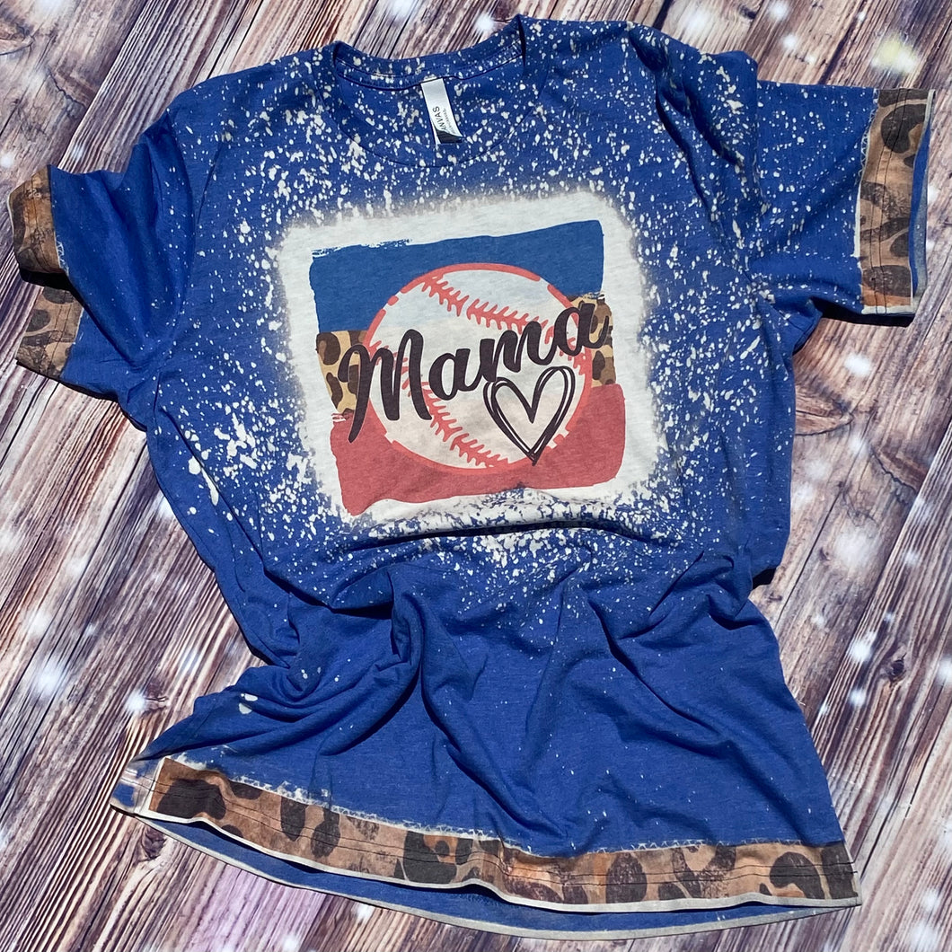 Baseball mama blue bleached with leopard trim graphic tee - Mavictoria Designs Hot Press Express