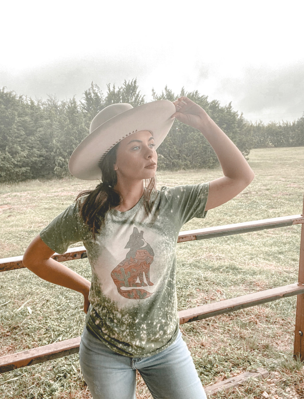 Western Howling Coyote // Green bleached distressed graphic tee - Mavictoria Designs Hot Press Express