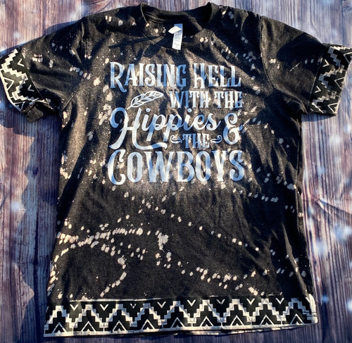 Raising hell with the hippies and the cowboys tribal trim. Charcoal bleached graphic onesie or tee. - Mavictoria Designs Hot Press Express
