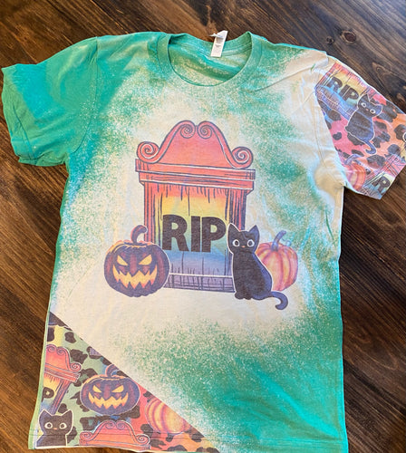 Halloween RIP Black Cat green bleached trim graphic tee - Mavictoria Designs Hot Press Express