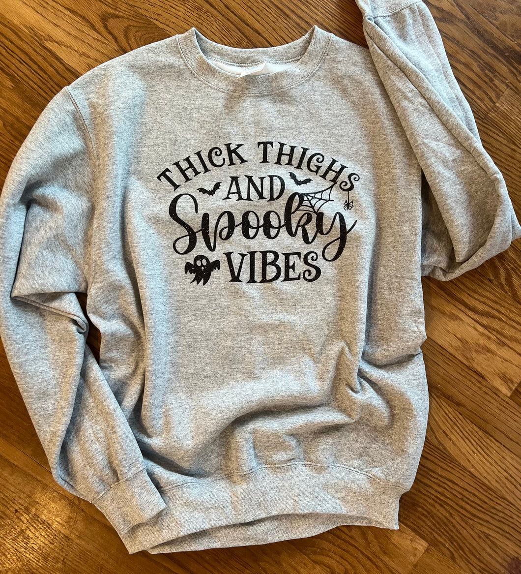 Thick thighs and spooky vibes graphic tee long sleeve crew or hoodie - Mavictoria Designs Hot Press Express