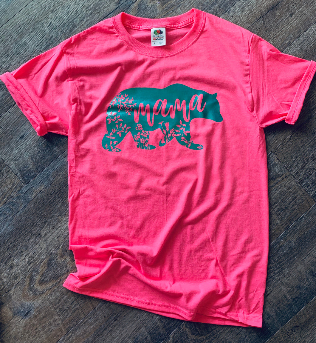 Mama bear floral silhouette graphic tee. Neon pink and teal. - Mavictoria Designs Hot Press Express