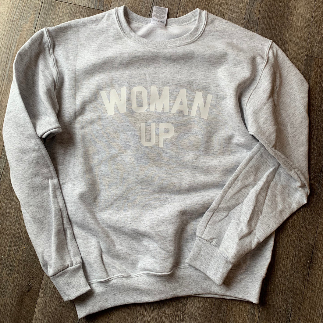 Woman up women’s graphic crewneck sweatshirt - Mavictoria Designs Hot Press Express